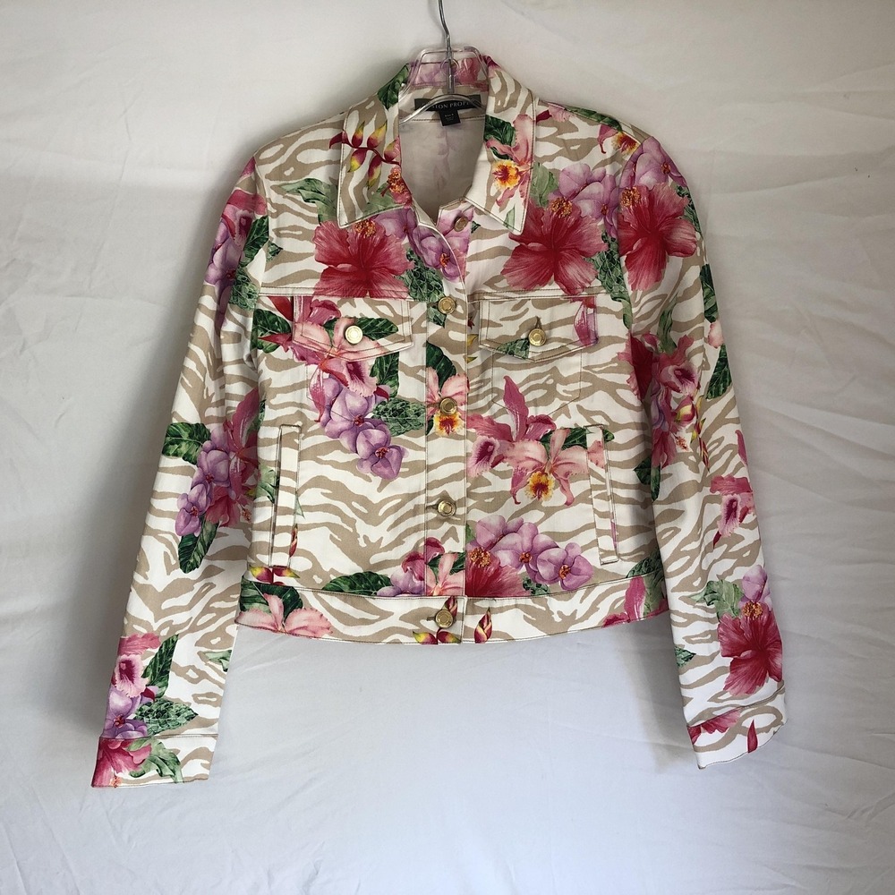 Boston Proper Jacket Womens 8 Multicolor Floral Zebra Print Button Front Twill